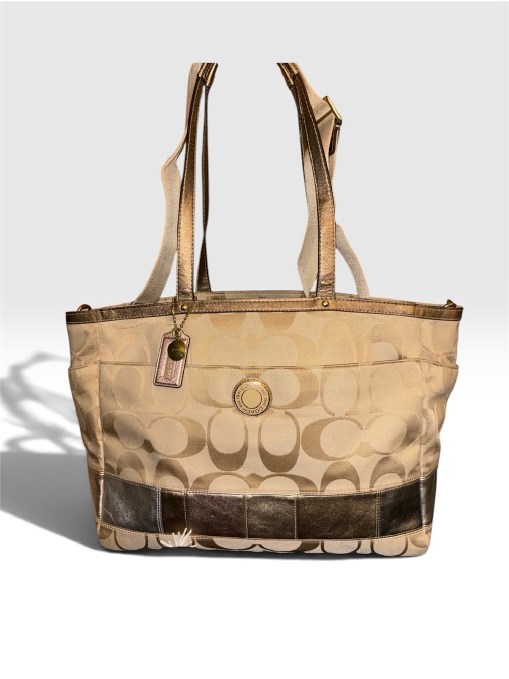 Coach F19255 Beige Signature large Travel Tote with Metallic Bronze Trim w/strap